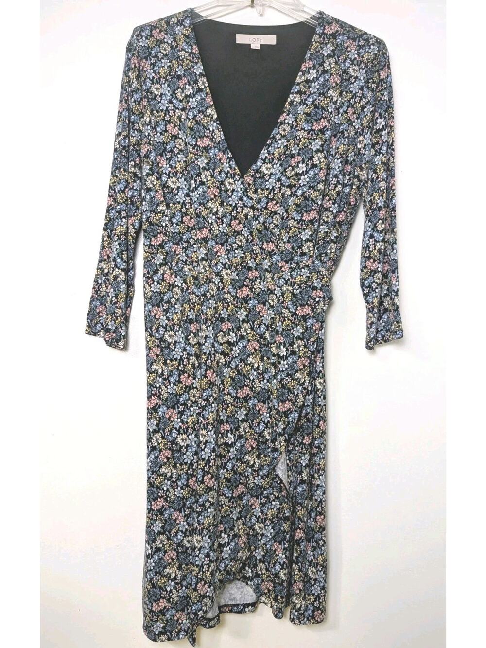 LOFT Wrap Dress Size L Black Floral V-neck Stretch 3/4" Sleeve 41" Length